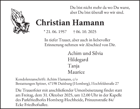 Traueranzeige von Christian Hamann von Tageszeitung