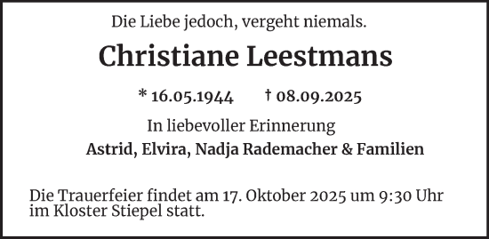 Traueranzeige von Christiane Leestmans von Tageszeitung