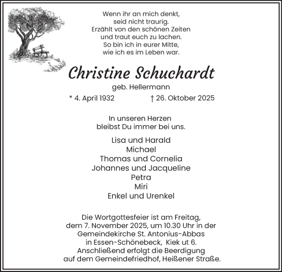 Traueranzeige von Christine Schuchardt von Tageszeitung