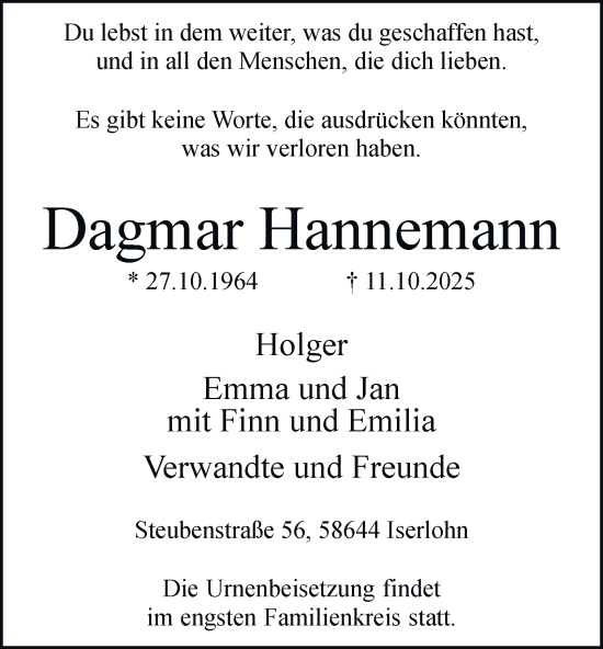 Traueranzeige von Dagmar Hannemann von Tageszeitung