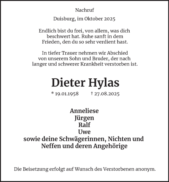 Traueranzeige von Dieter Hylas von Tageszeitung