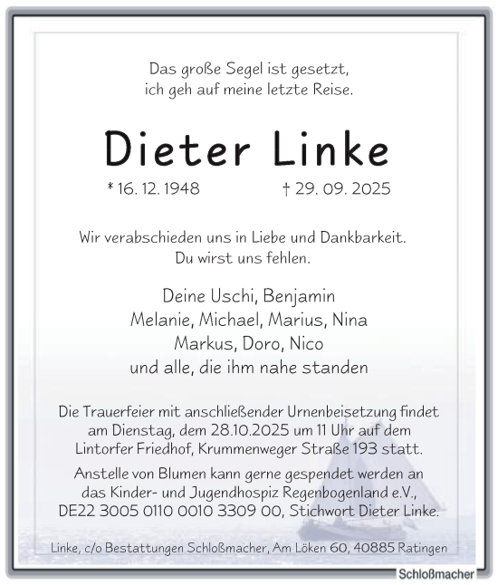 Traueranzeige von Dieter Linke von Tageszeitung