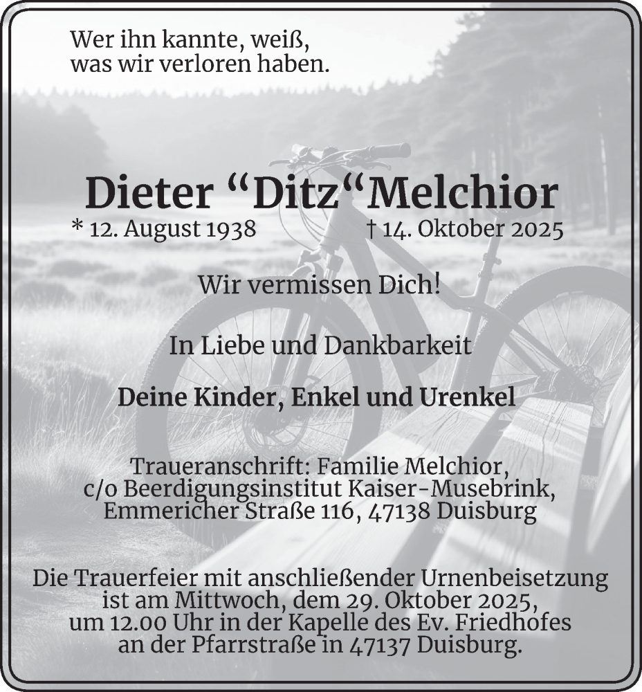  Traueranzeige für Dieter Melchior vom 25.10.2025 aus Tageszeitung