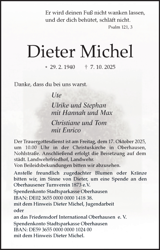Traueranzeige von Dieter Michel von Tageszeitung