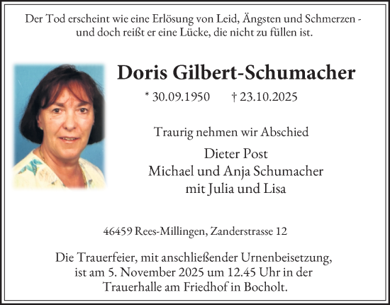 Traueranzeige von Doris Gilbert-Schumacher von Tageszeitung