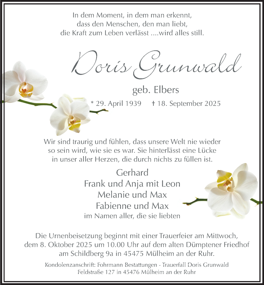  Traueranzeige für Doris Grunwald vom 04.10.2025 aus Tageszeitung