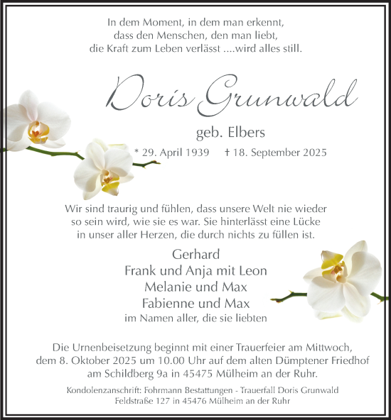 Traueranzeige von Doris Grunwald von Tageszeitung