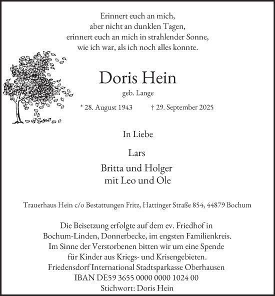Traueranzeige von Doris Hein von Tageszeitung