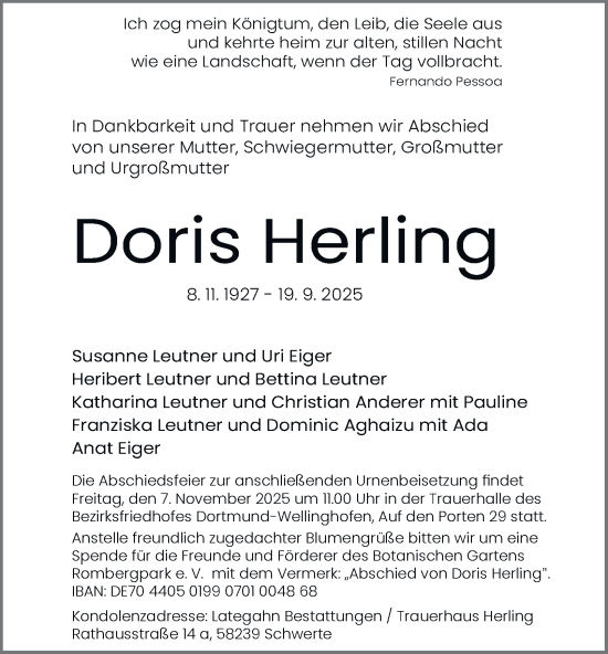 Traueranzeige von Doris Herling von Tageszeitung