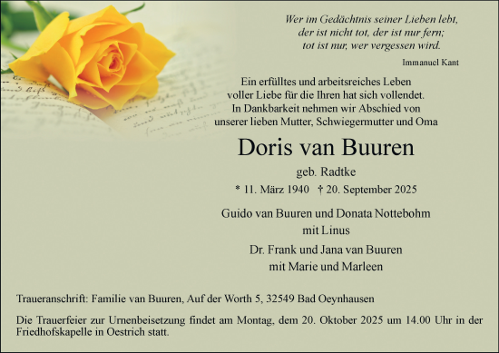 Traueranzeige von Doris van Buuren von Tageszeitung