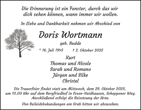 Traueranzeige von Doris Wortmann von Tageszeitung