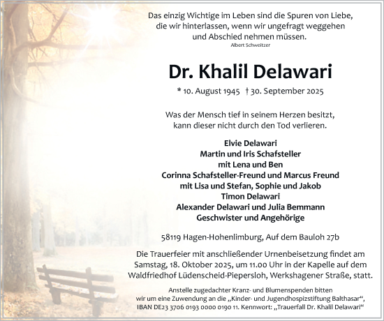 Traueranzeige von Dr. Khalil Delawari von Tageszeitung