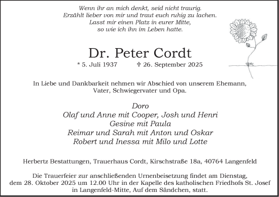 Traueranzeige von Dr. Peter Cordt von Tageszeitung