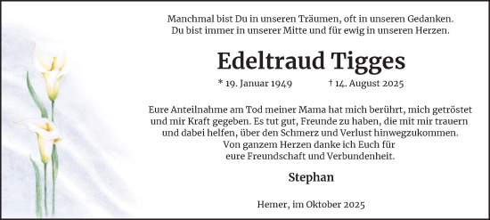 Traueranzeige von Edeltraud Tigges von Tageszeitung