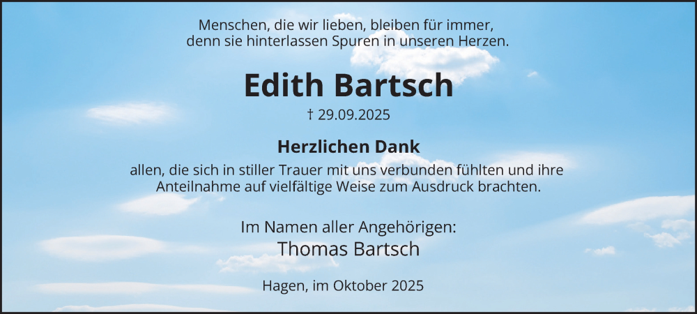  Traueranzeige für Edith Bartsch vom 25.10.2025 aus Tageszeitung