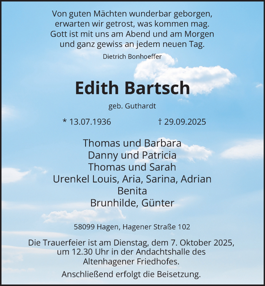  Traueranzeige für Edith Bartsch vom 04.10.2025 aus Tageszeitung