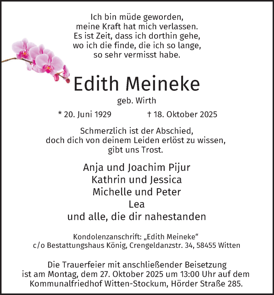  Traueranzeige für Edith Meineke vom 23.10.2025 aus Tageszeitung