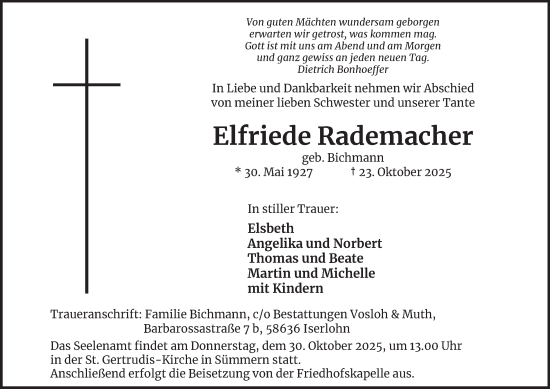 Traueranzeige von Elfriede Rademacher von Tageszeitung