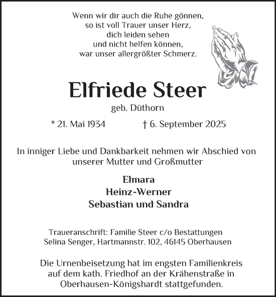 Traueranzeige von Elfriede Steer von Tageszeitung