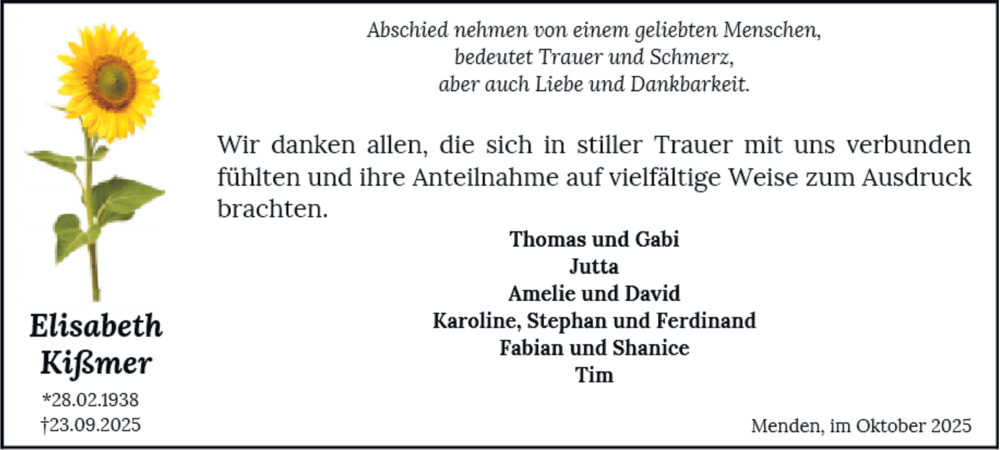  Traueranzeige für Elisabeth Kißmer vom 25.10.2025 aus Tageszeitung