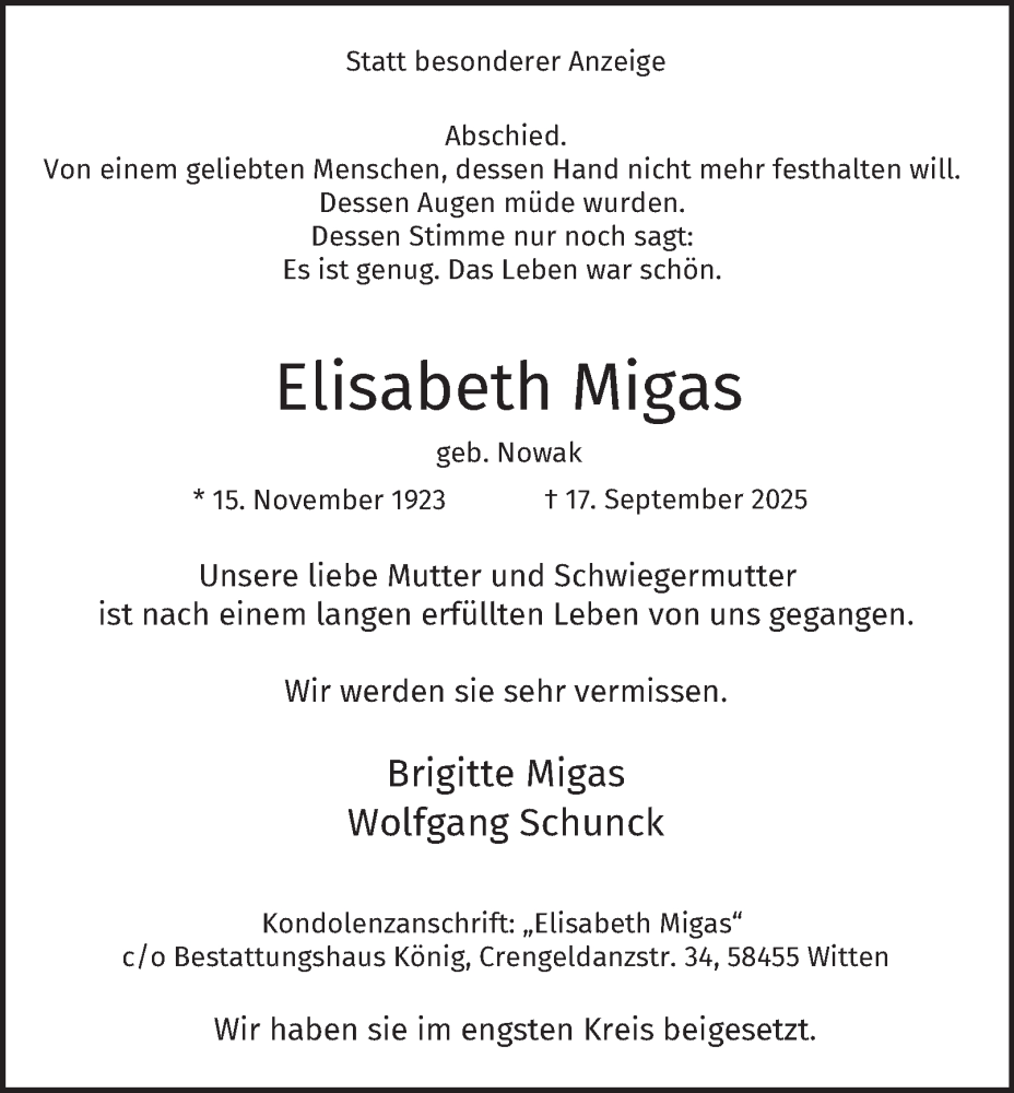  Traueranzeige für Elisabeth Migas vom 01.10.2025 aus Tageszeitung
