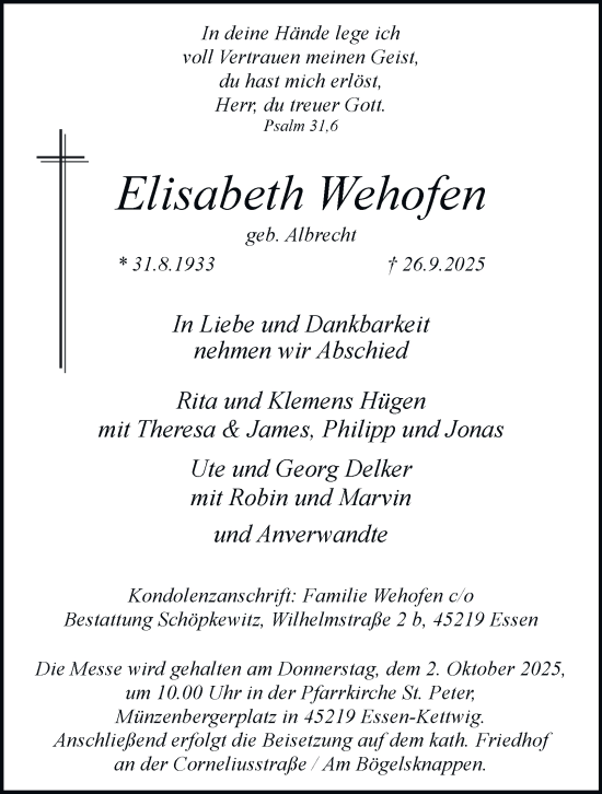 Traueranzeige von Elisabeth Wehofen von Tageszeitung