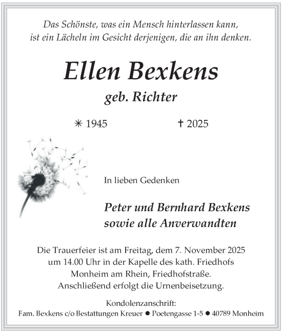 Traueranzeige von Ellen Bexkens von Tageszeitung