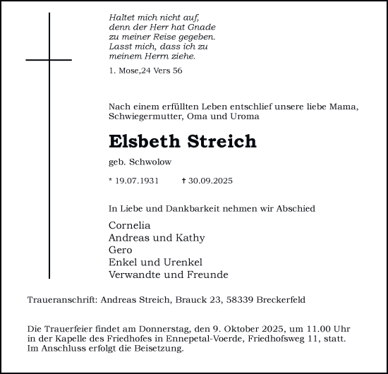 Traueranzeige von Elsbeth Streich von Tageszeitung
