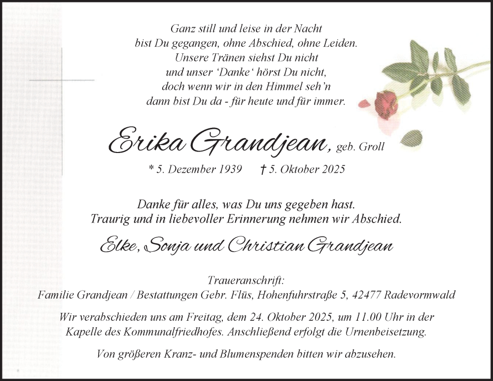  Traueranzeige für Erika Grandjean vom 18.10.2025 aus Tageszeitung