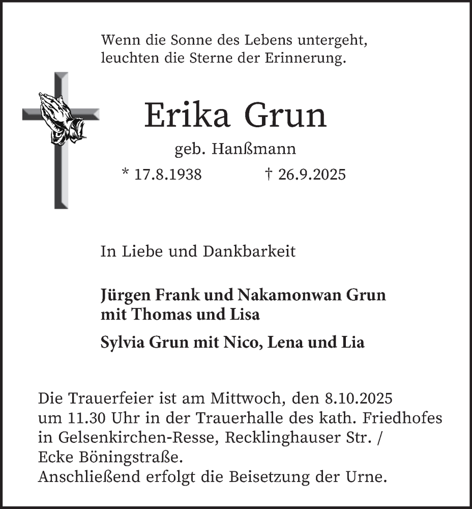  Traueranzeige für Erika Grun vom 04.10.2025 aus Tageszeitung