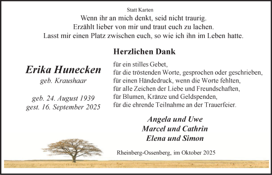 Traueranzeige von Erika Hunecken von Tageszeitung