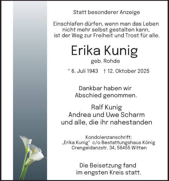 Traueranzeige von Erika Kunig von Tageszeitung