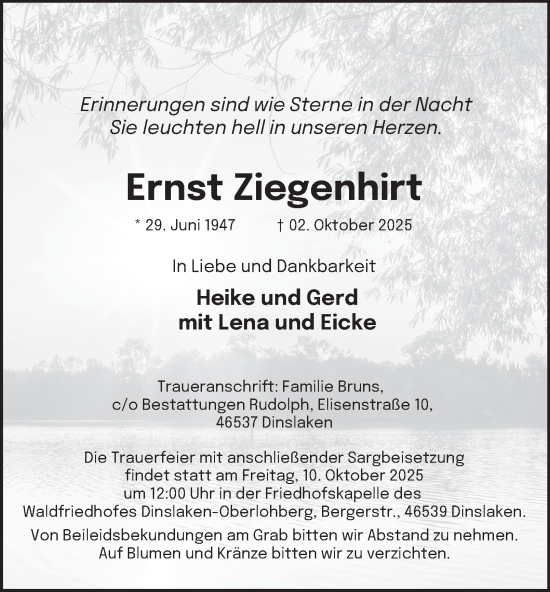 Traueranzeige von Ernst Ziegenhirt von Tageszeitung