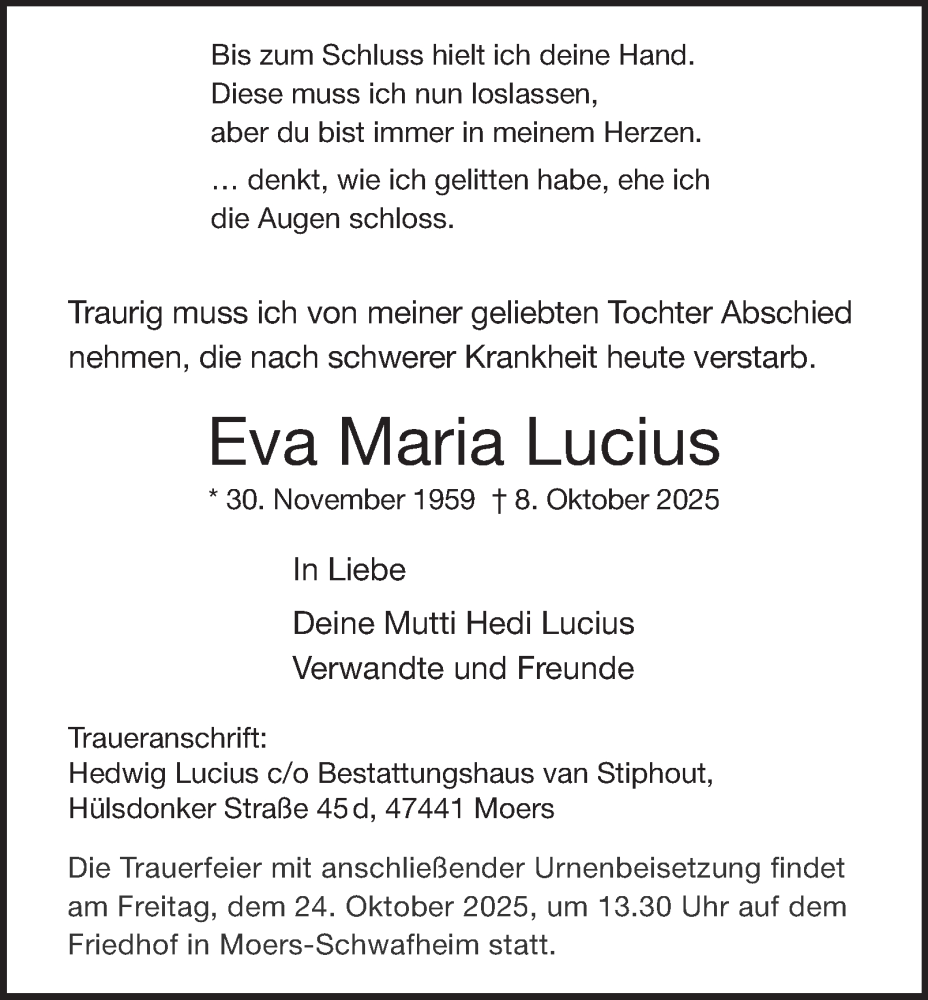  Traueranzeige für Eva Maria Lucius vom 18.10.2025 aus Tageszeitung