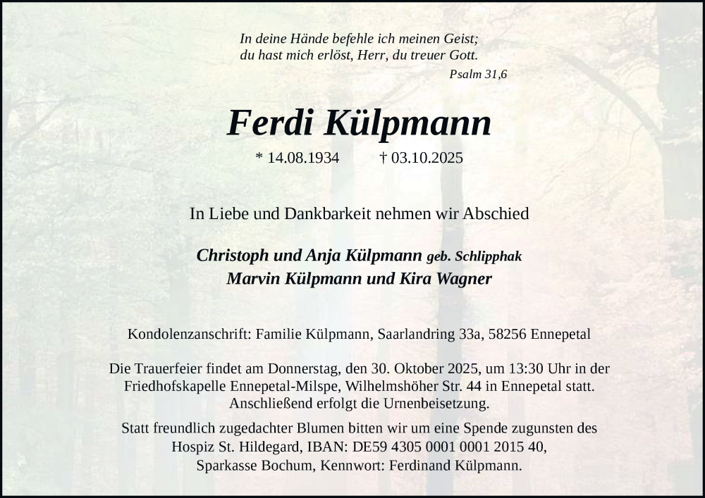  Traueranzeige für Ferdi Külpmann vom 18.10.2025 aus Tageszeitung