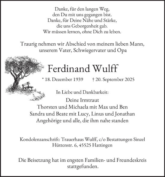 Traueranzeige von Ferdinand Wulff von Tageszeitung