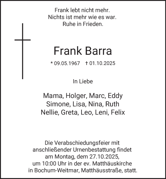 Traueranzeige von Frank Barra von Tageszeitung