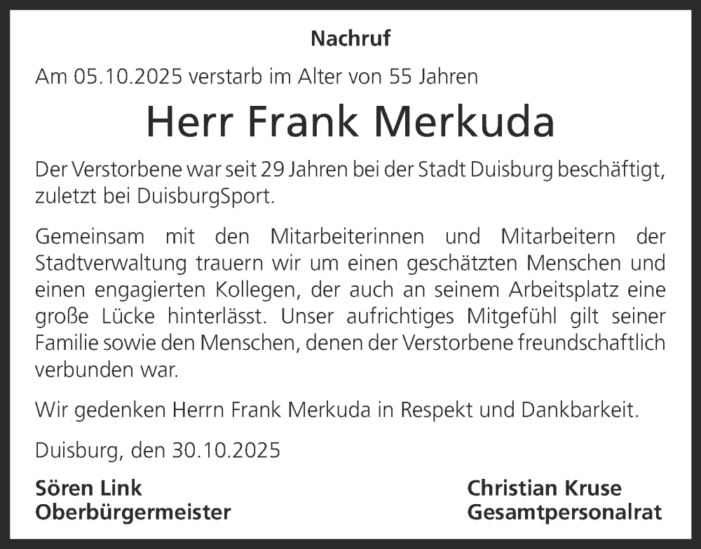  Traueranzeige für Frank Merkuda vom 30.10.2025 aus Tageszeitung