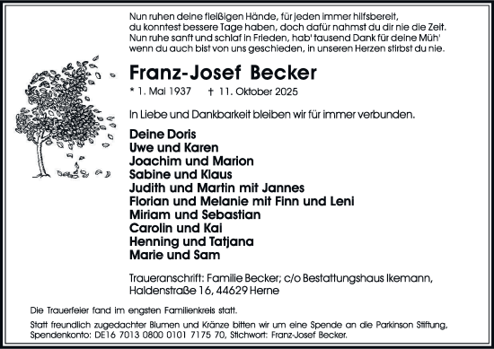 Traueranzeige von Franz-Josef Becker von Tageszeitung