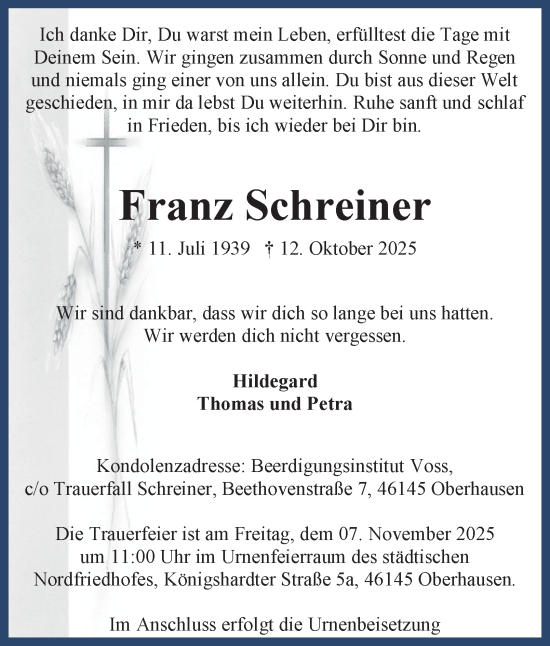Traueranzeige von Franz Schreiner von Tageszeitung