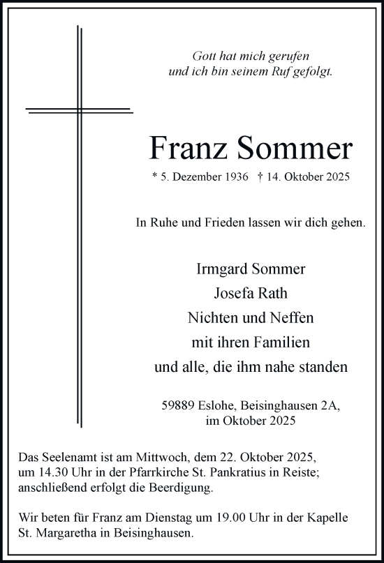 Traueranzeige von Franz Sommer von Tageszeitung