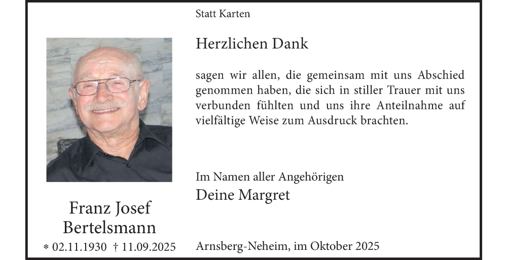  Traueranzeige für Franz Josef Bertelsmann vom 25.10.2025 aus Tageszeitung