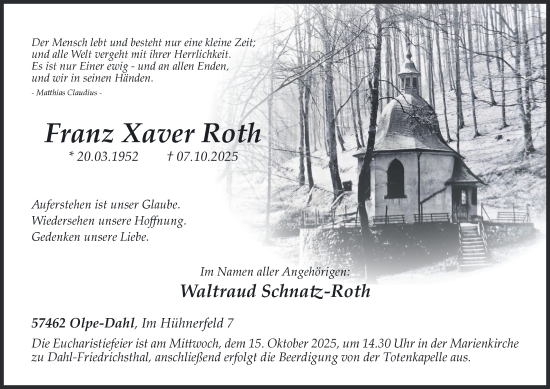 Traueranzeige von Franz Xaver Roth von Tageszeitung