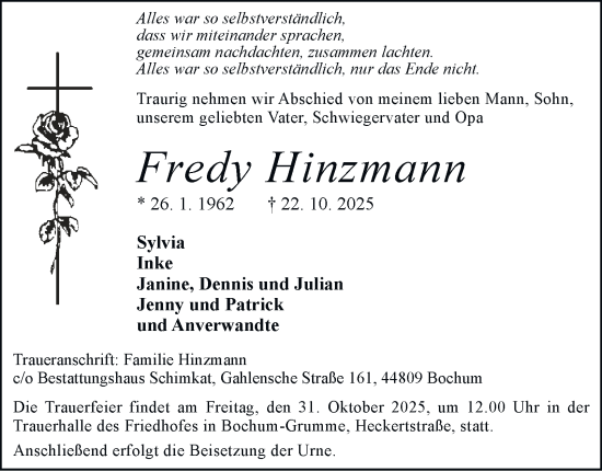 Traueranzeige von Fredy Hinzmann von Tageszeitung