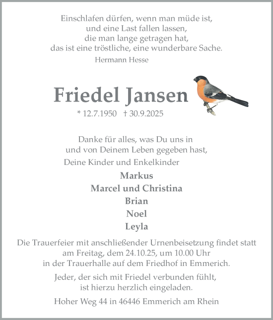 Traueranzeige von Friedel Jansen von Tageszeitung