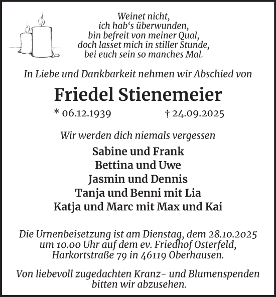 Traueranzeige von Friedel Stienemeier von Tageszeitung