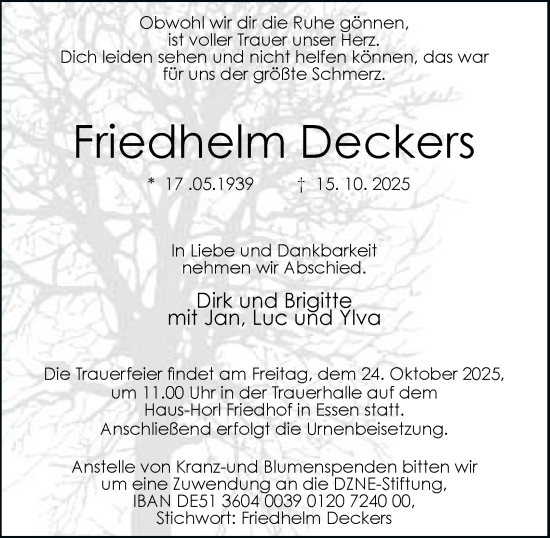 Traueranzeige von Friedhelm Deckers von Tageszeitung