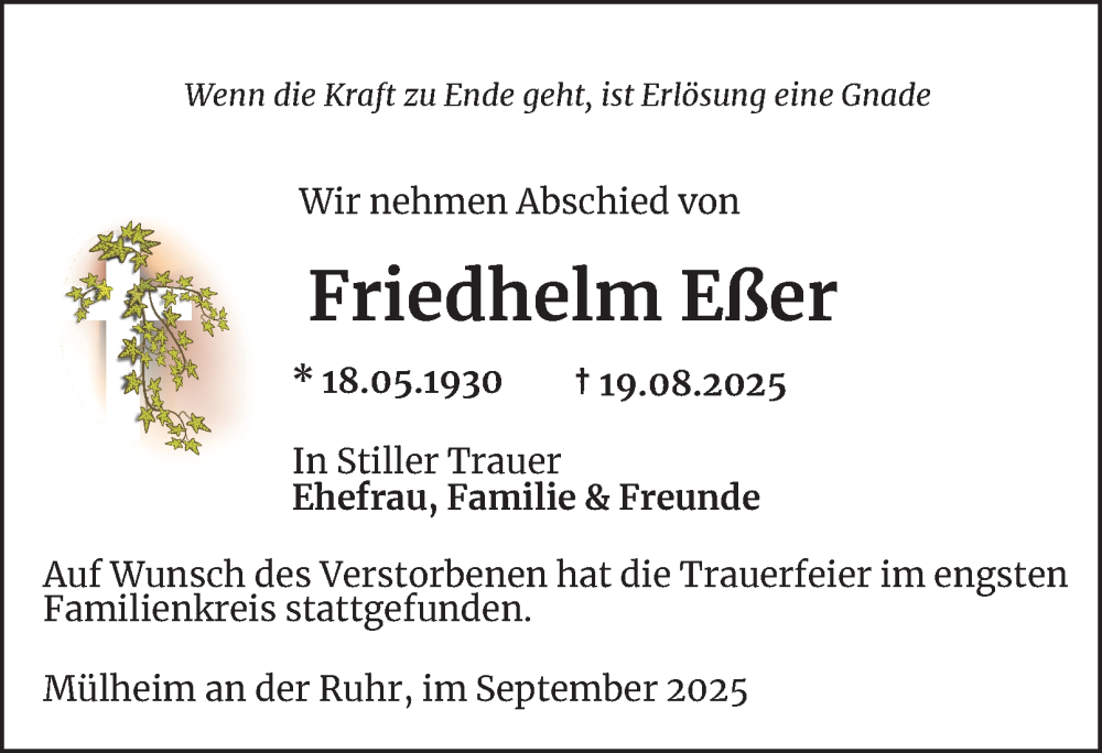  Traueranzeige für Friedhelm Eßer vom 08.10.2025 aus Tageszeitung