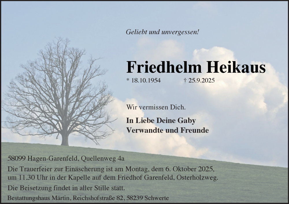  Traueranzeige für Friedhelm Heikaus vom 02.10.2025 aus Tageszeitung