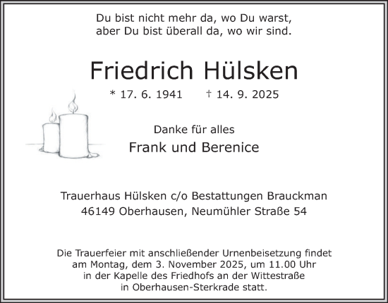Traueranzeige von Friedrich Hülsken von Tageszeitung